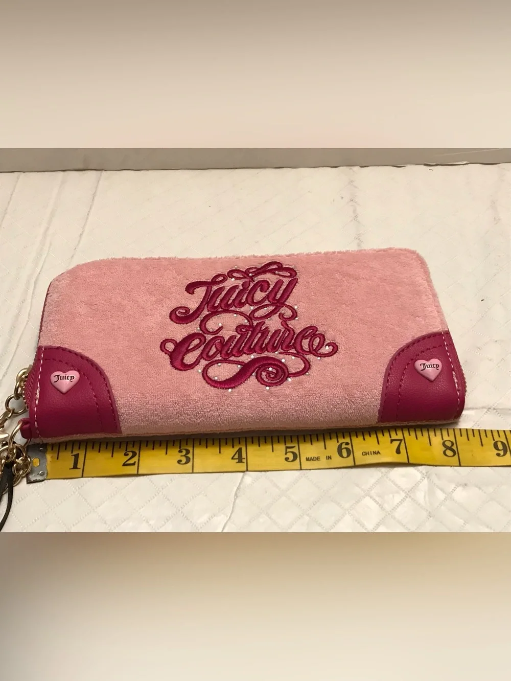 Juicy Couture Pink Velvet Logo Clutch with Magenta Embroidery